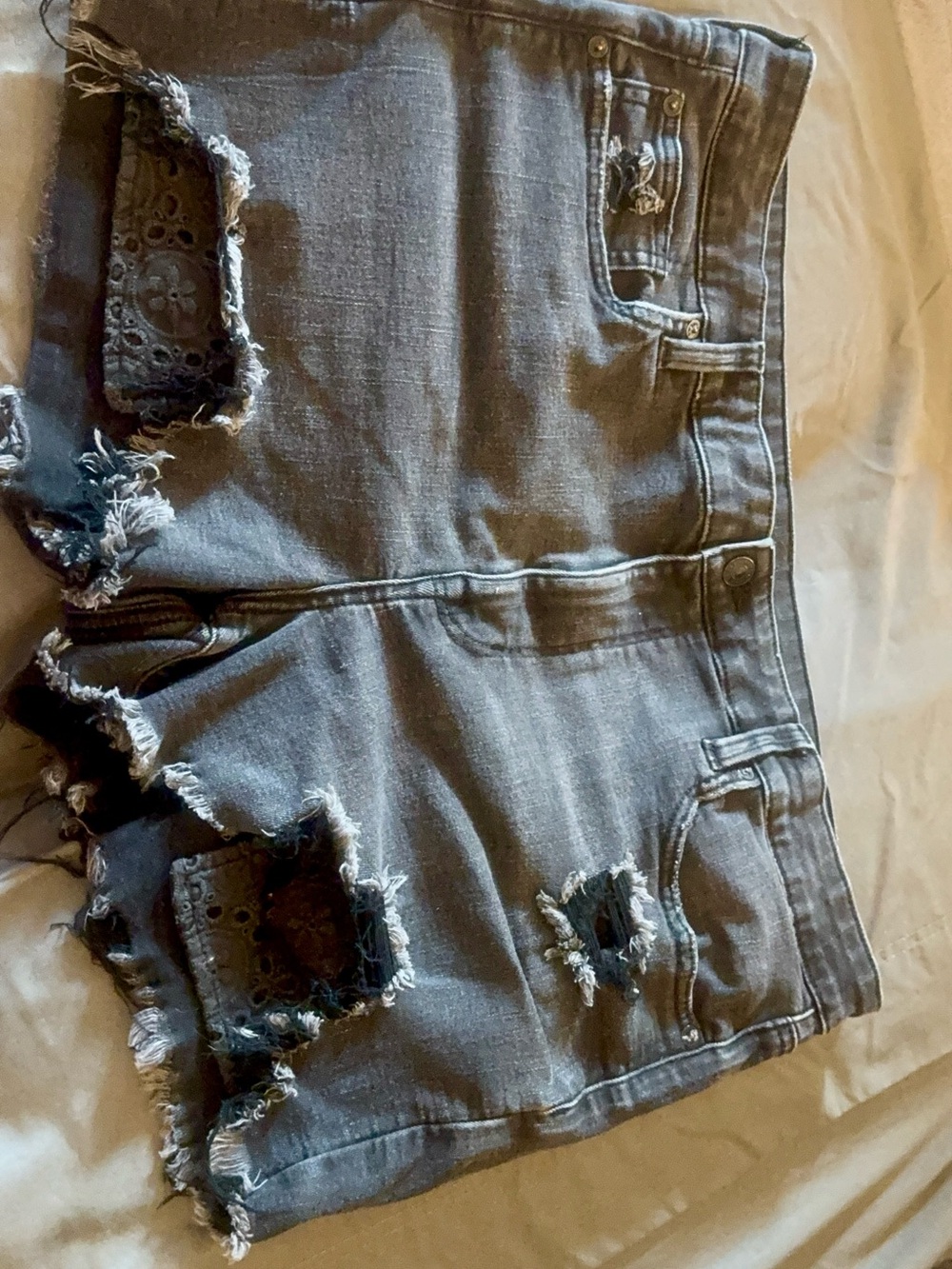 Goodfellow & Co Gray Distressed Denim Shorts with Lace Insets
